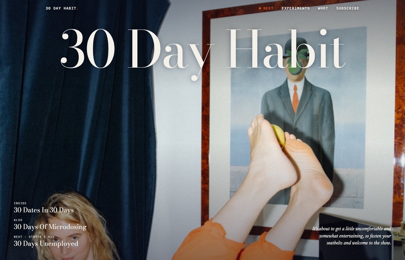 30 Day Habit homepage, a magazine cover with the title over a full-bleed photo